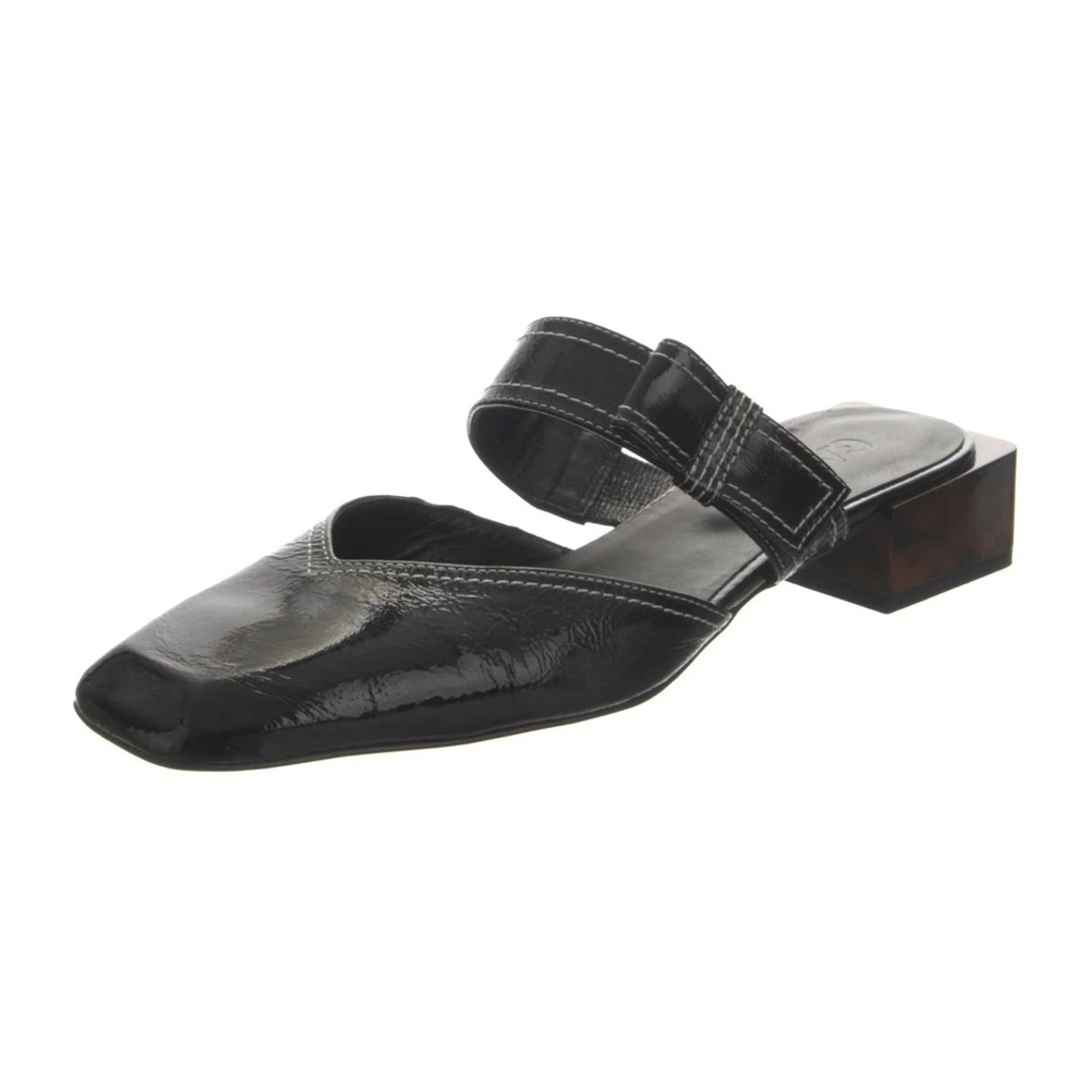 Ganni Black Patent Leather Square-Toe Mule with Strap